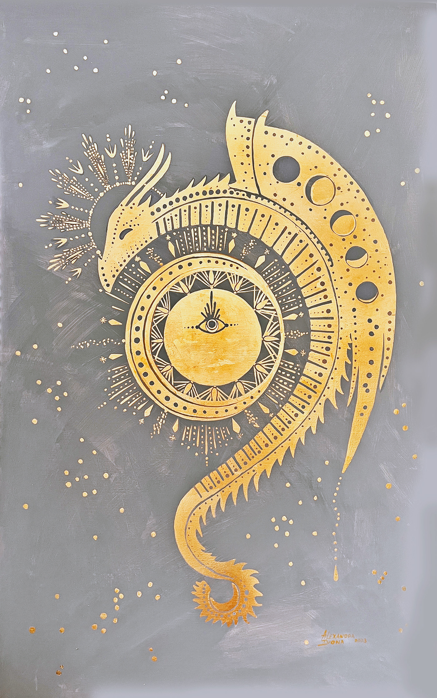 golden dragon La Luna golden snake Acrylic paint detailed gold leaf gold moon goldart golden astrology art moon cicle
