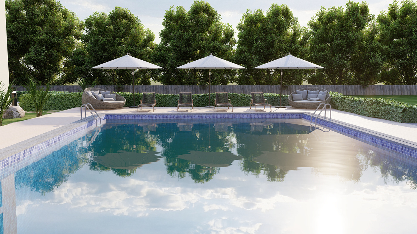 3D architecture compound exterior Landscape Outdoor Palm Tree Pool Render Villa