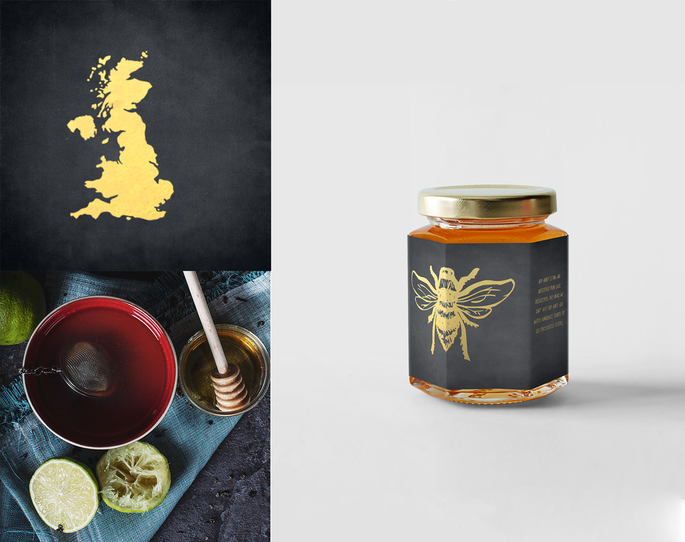 branding  honey bees Henry's Honey Honey jar gold foil graphic design  London UK photoshop