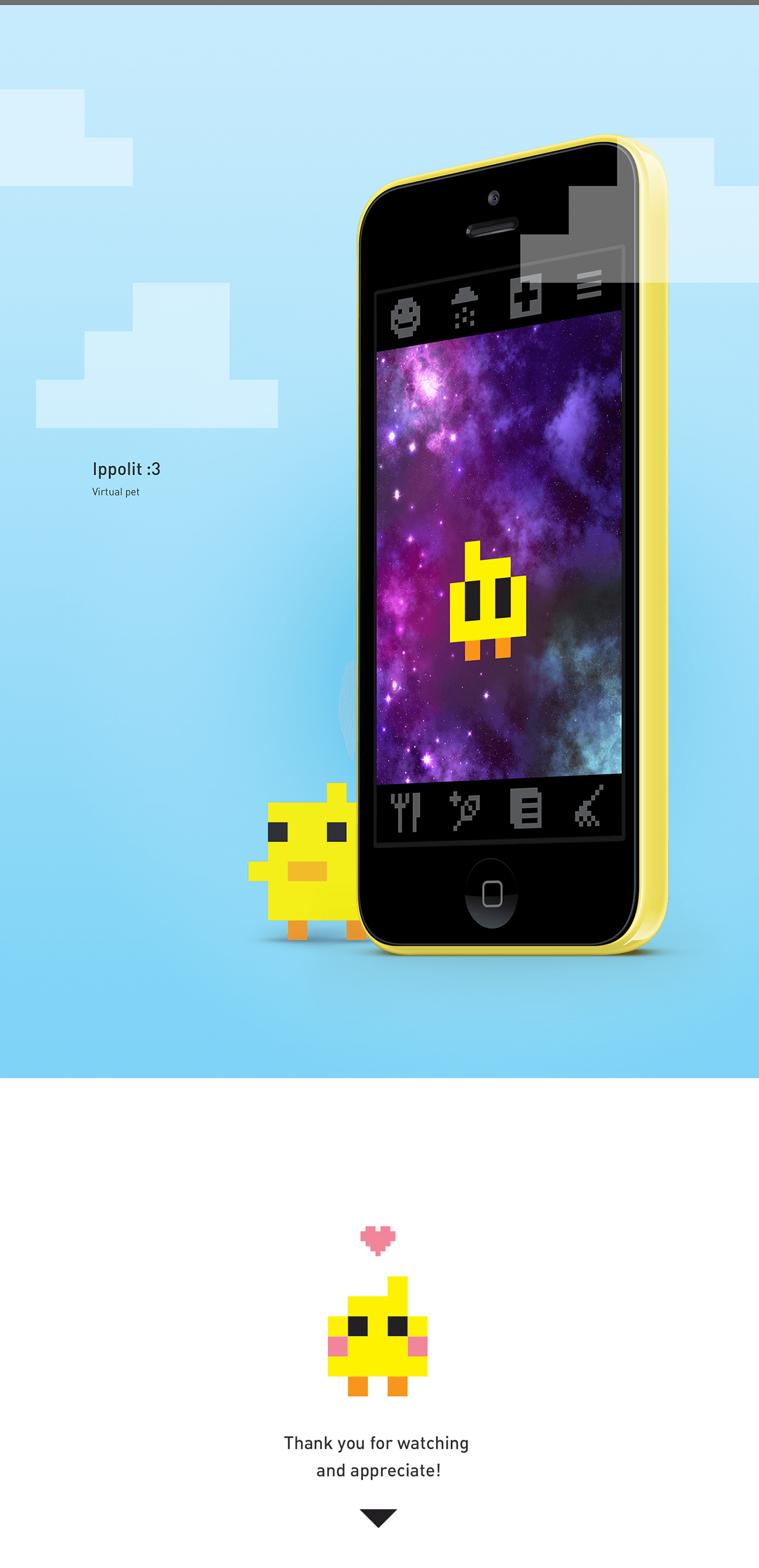 ios application tamagotchi Ippolit Pet virtual pet game vector minimal Pixel art squares cute