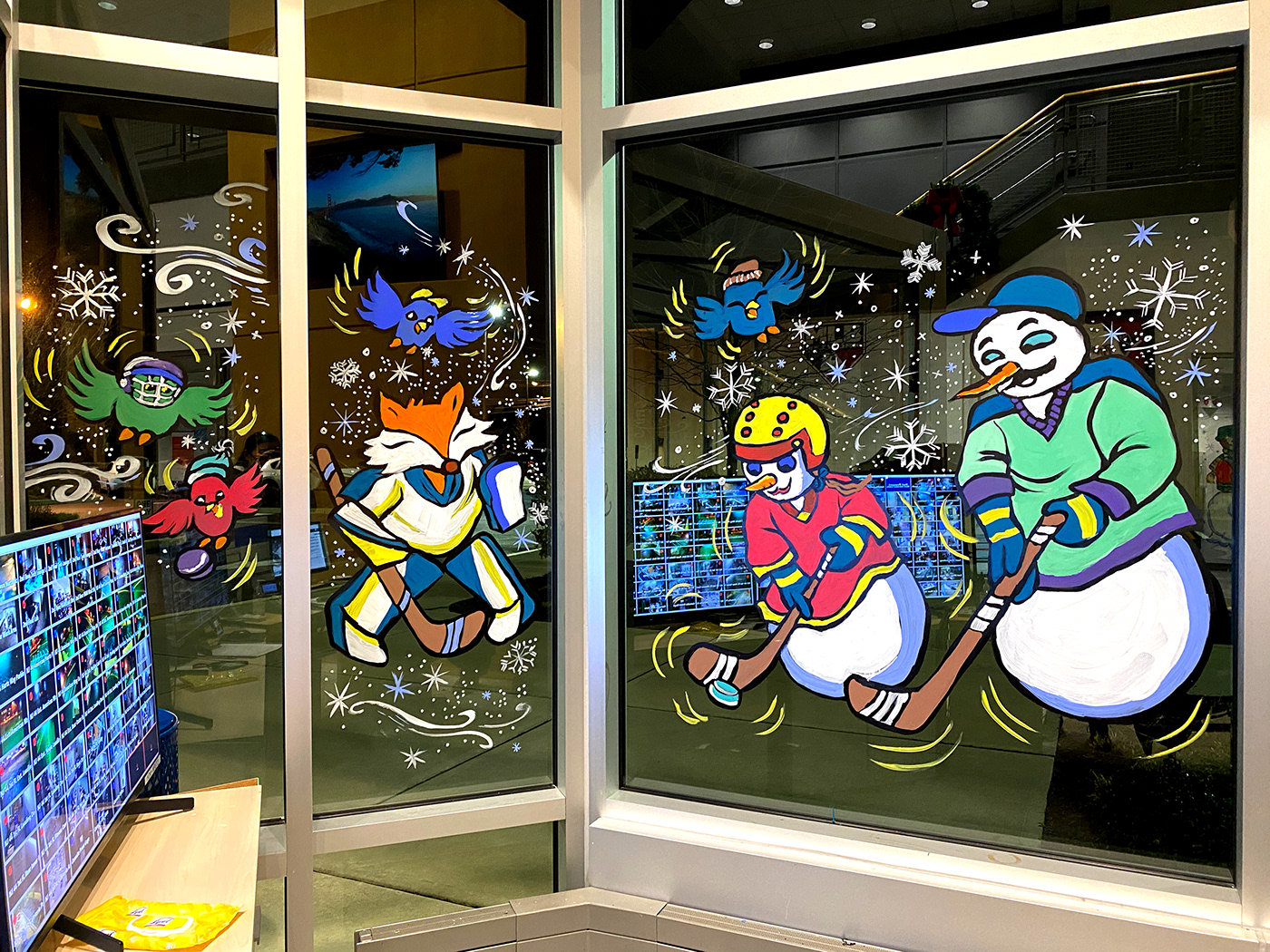 cartoon FOX hockey ice hockey NHL painting   snowman sports window painting Winter Wonderland