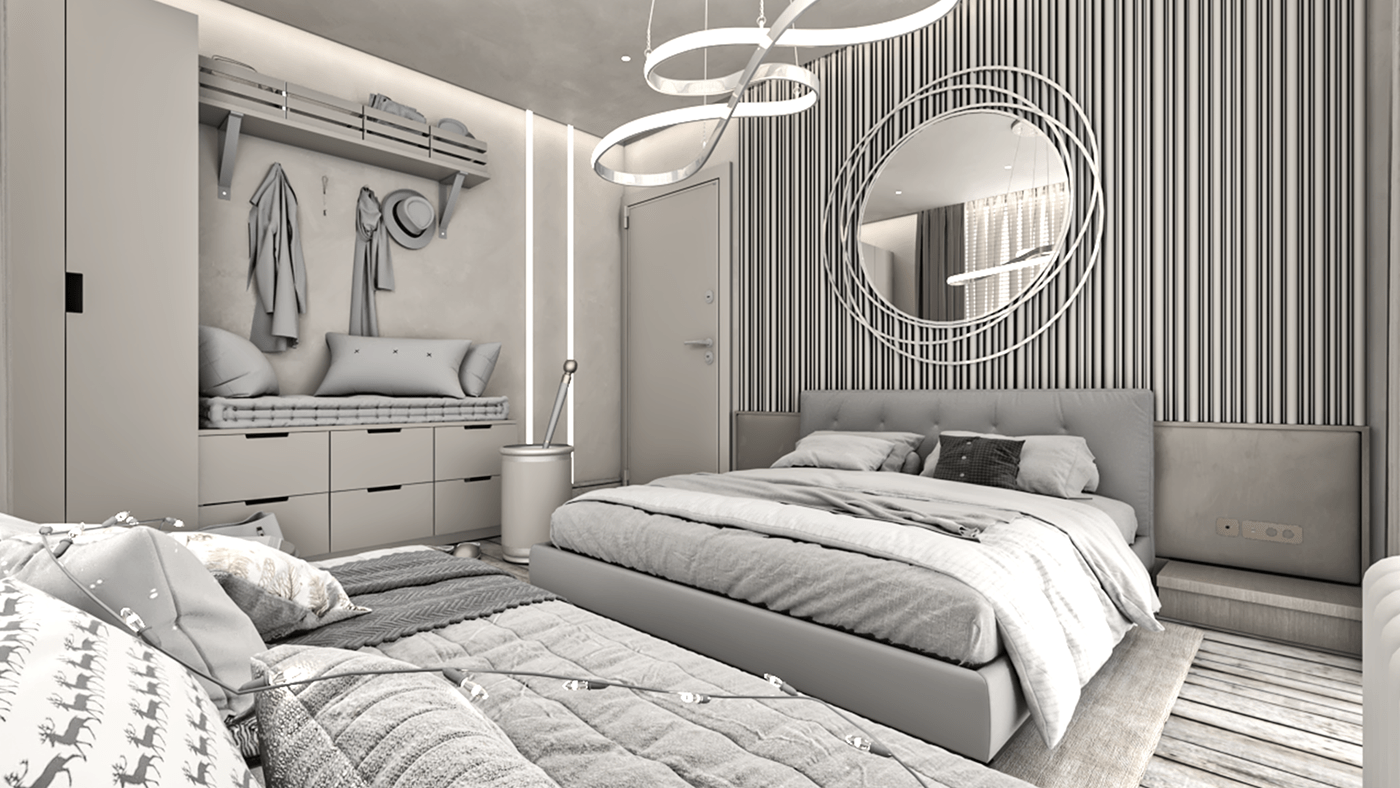 apartment bedroom black and white grey interior design  minimal modern monochrome reception