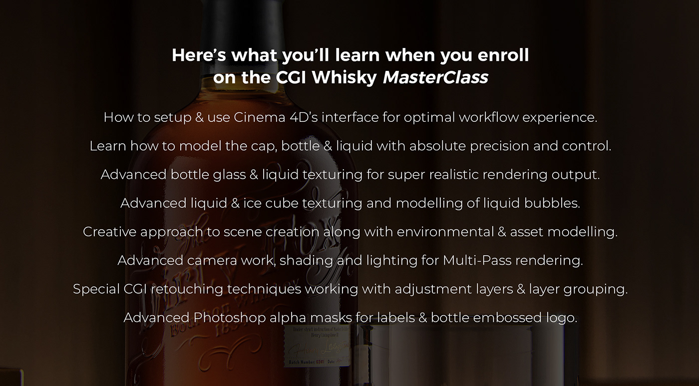 alcohol CGI cinema 4d corona course drink retouching  tutorial Whisky bottle