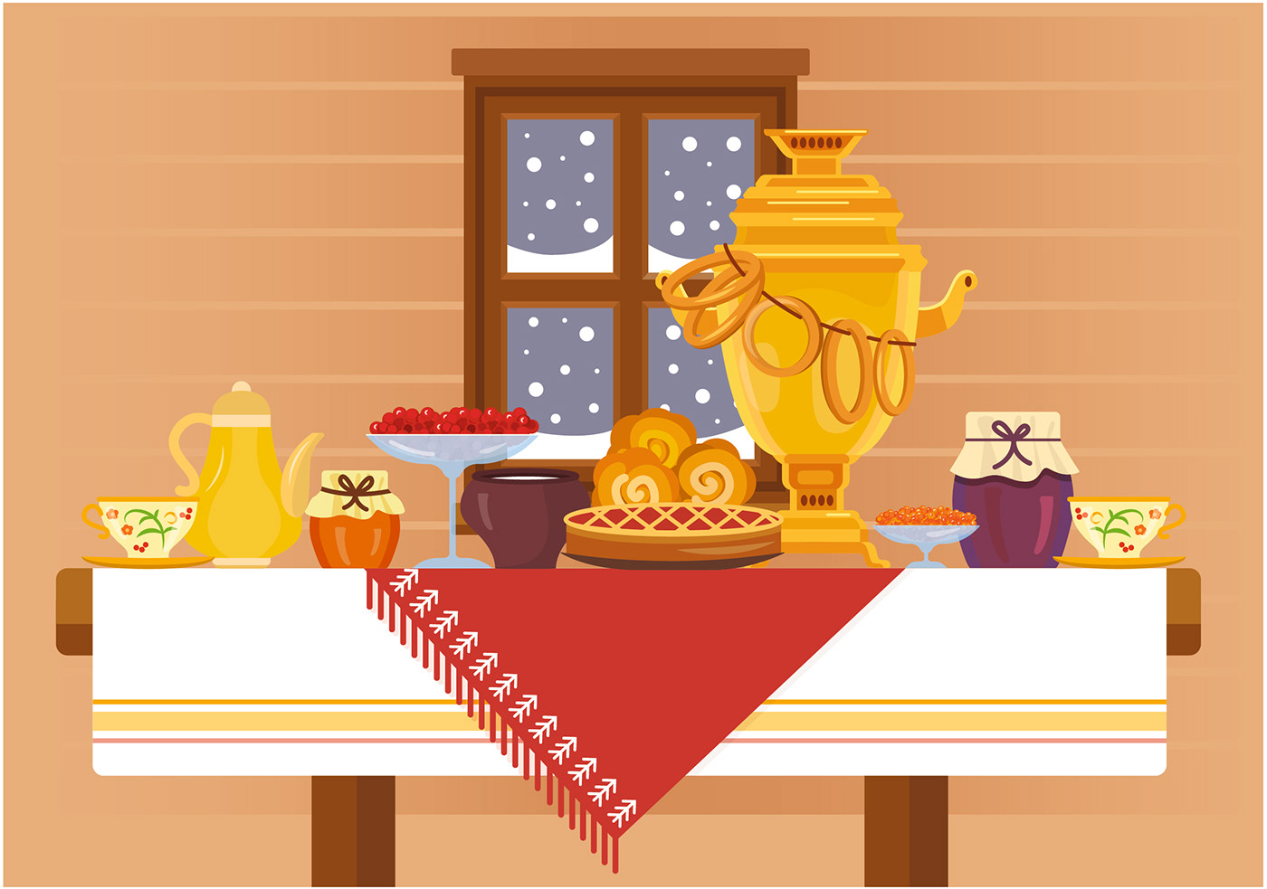 draw illusration ILLUSTRATION  Interior russian table tea tradition vector winter