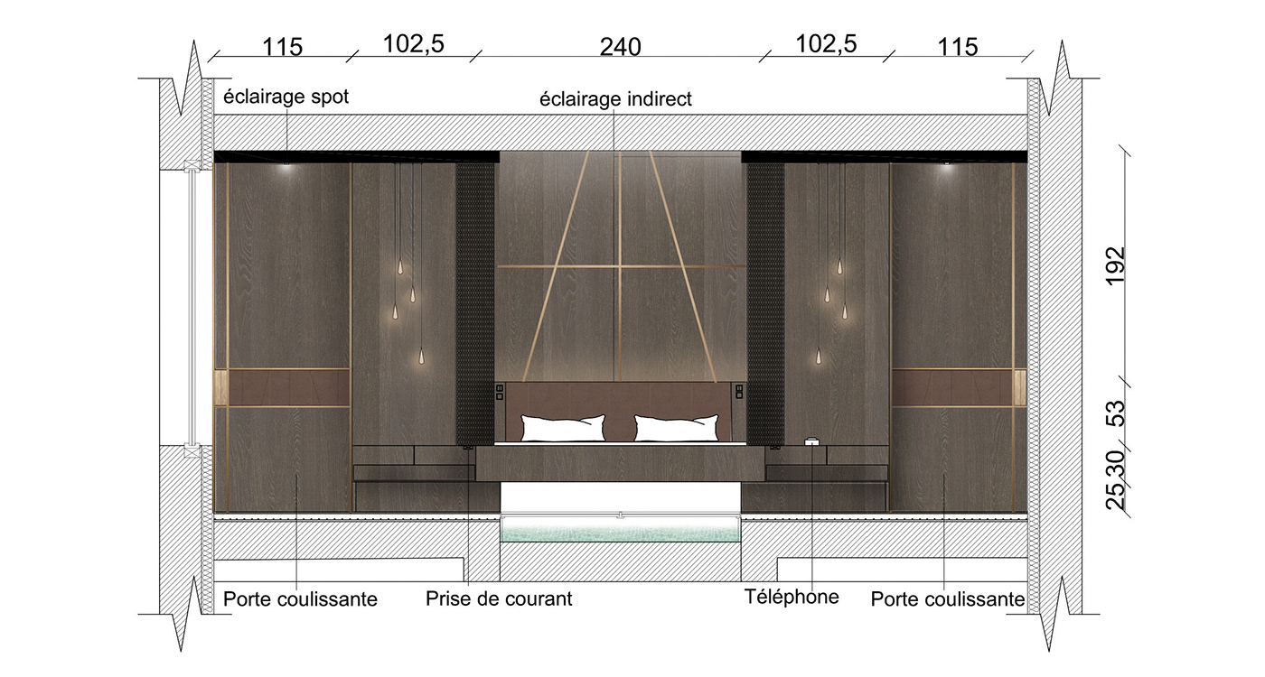 Plan coupe Technique Interior interior design  decoration hotel bedroom luxe