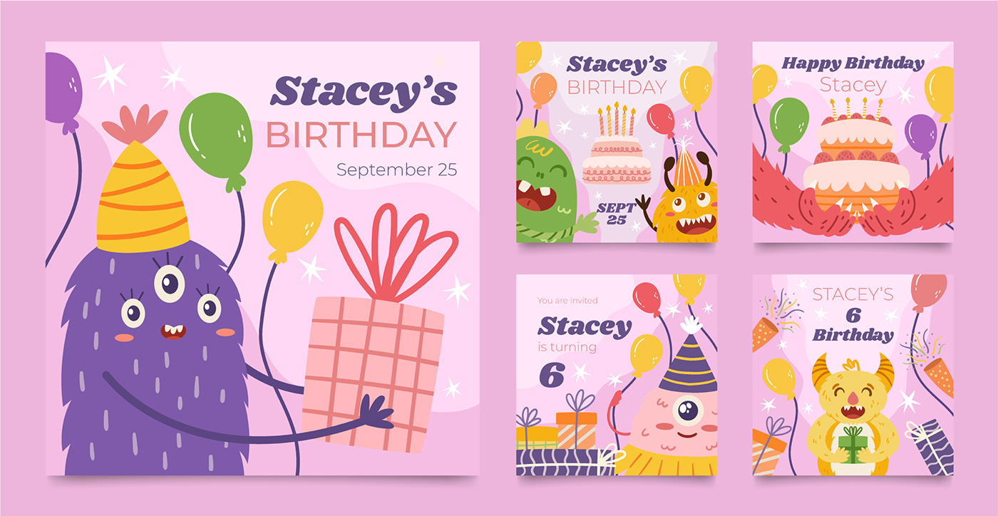 Template for kid birthday party with cute funny monsters characters
