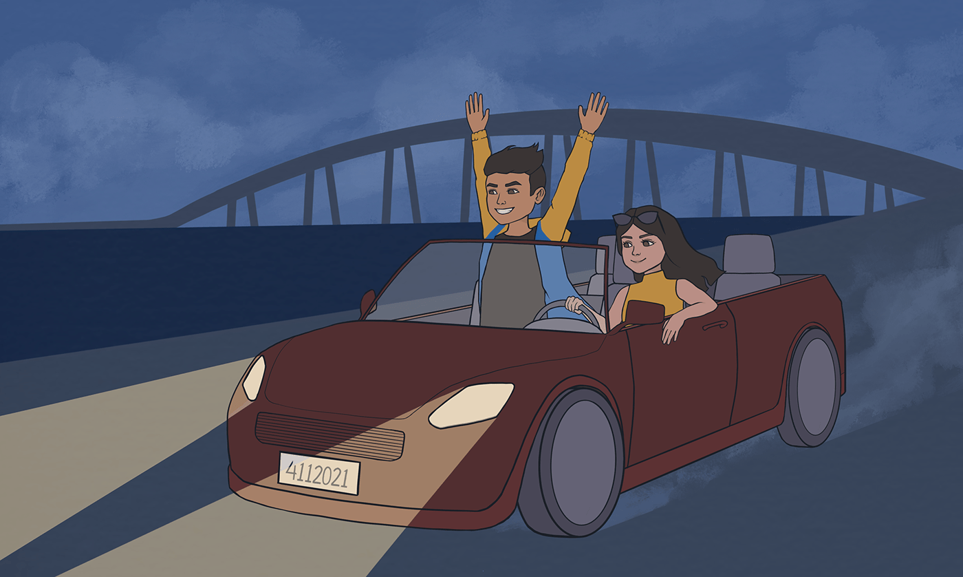 James and Heidi driving in a red convertible down a bridge at night.