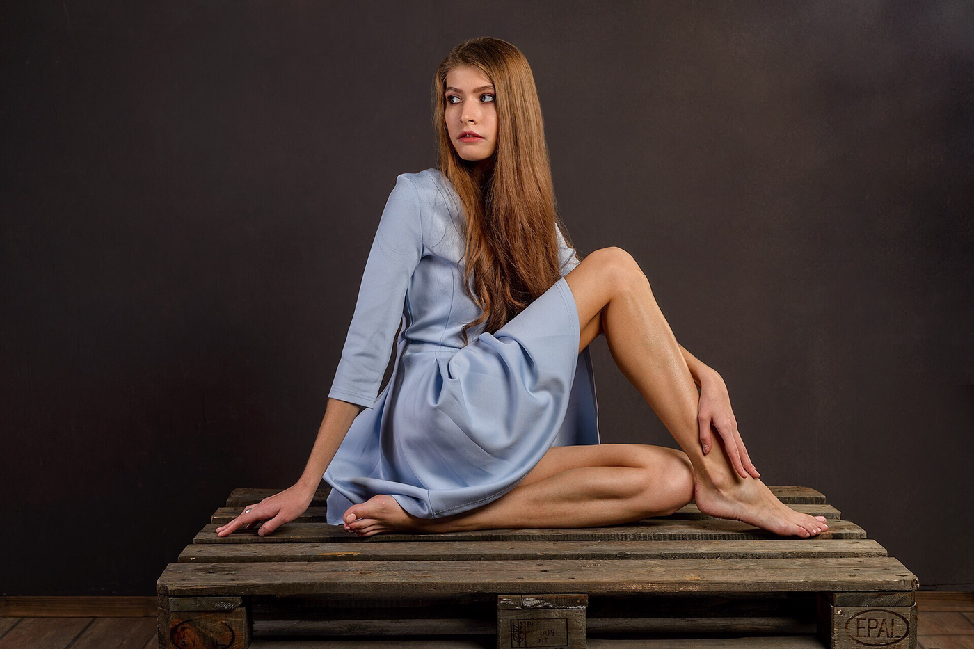 dress dressed Fashion  girl long hair long legs model portrait posing sitting studio triangle