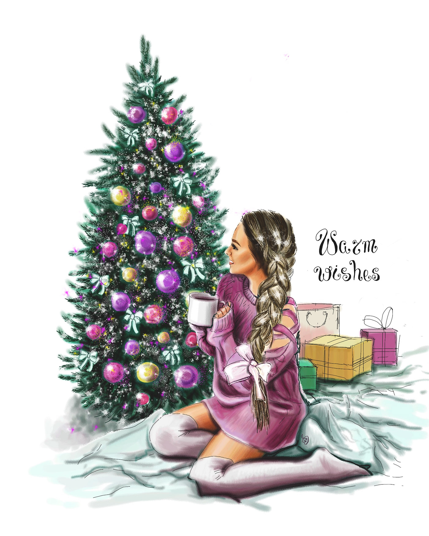 digital watercolor ILLUSTRATION  Fashion  winter Holiday girl Christmas Tree 