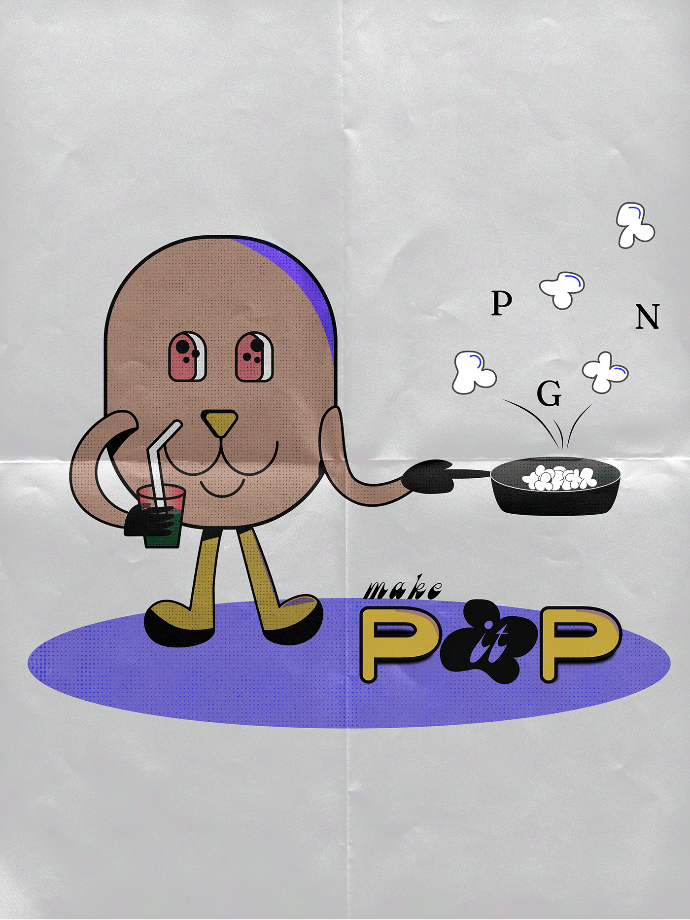 pop art, halftone poster showing a round shaped character who makes popcorn and logos pop