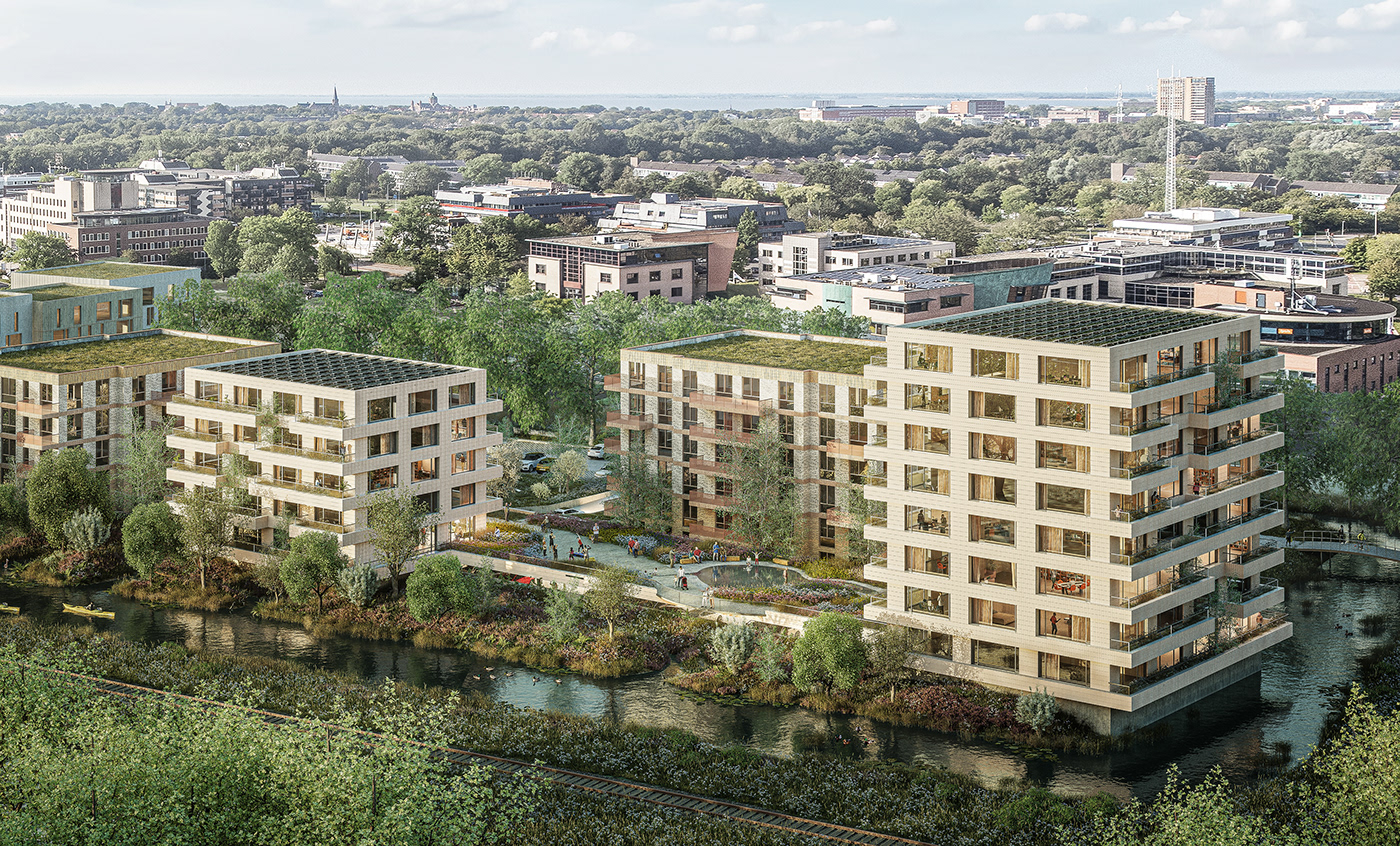 birds eye view of a masterplan archviz rendering of biophilic nature inclusive housing for elderly