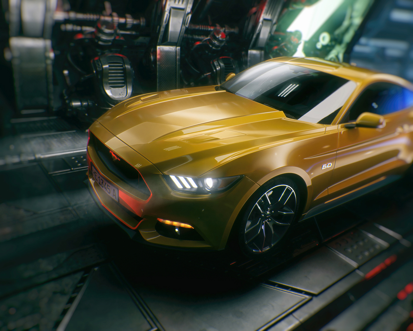 Mustang visual poster artwork speed car Scifi metallic environment 3D