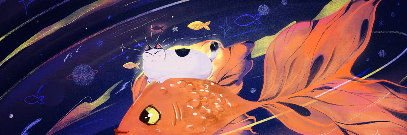 artwork Cat Digital Art  fish ILLUSTRATION  painting   Space  universe