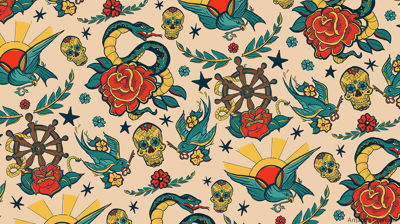 pattern tattoo old school textile snake punk colorful Flash design skull