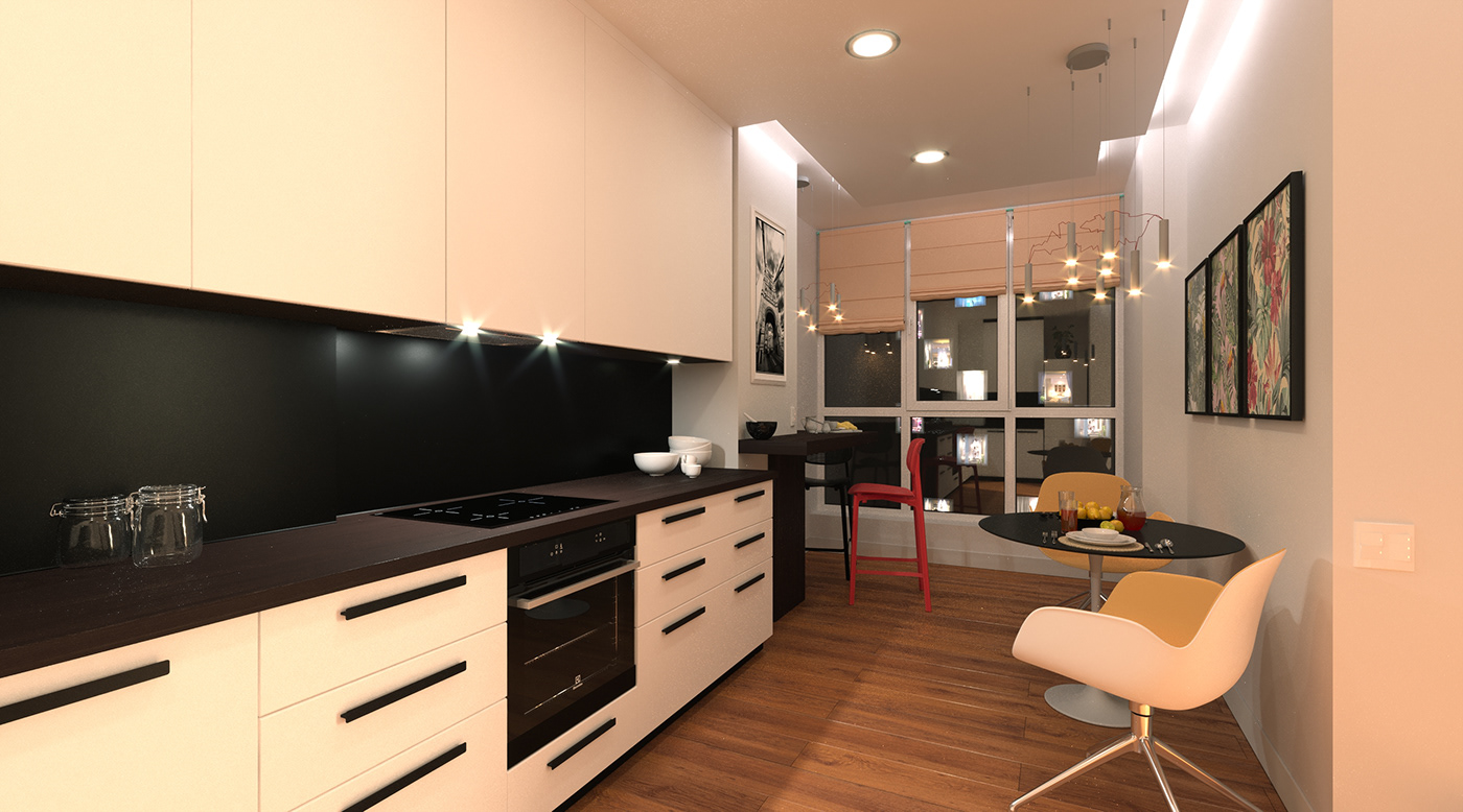 3D interior design  kitchen One Bedroom Apartment Render Gus'ev