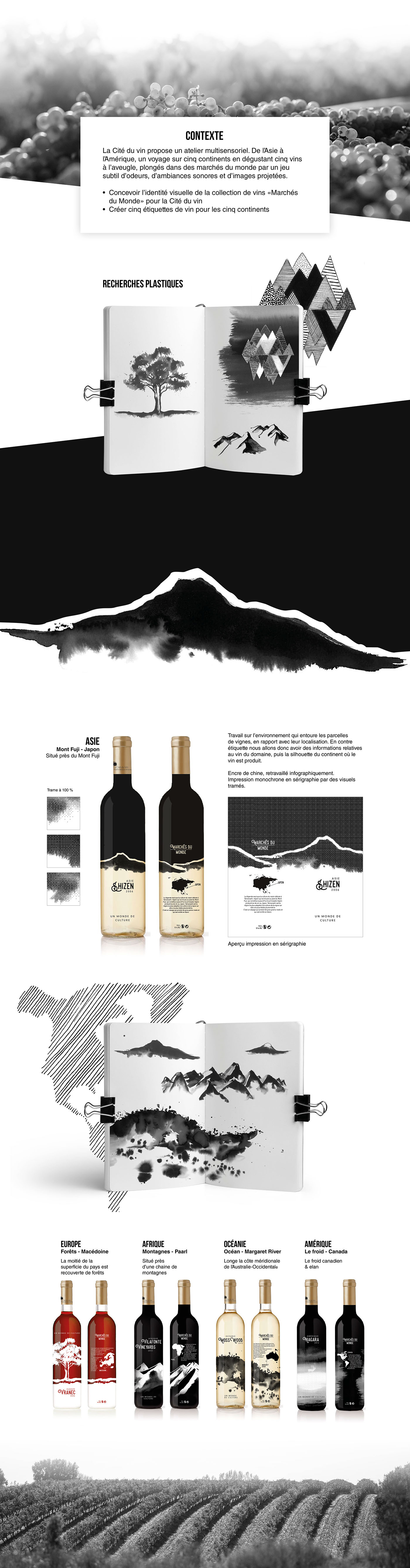 wine vin etiquette sérigraphie encre de chine graphisme mountains monde noir et blanc black and white