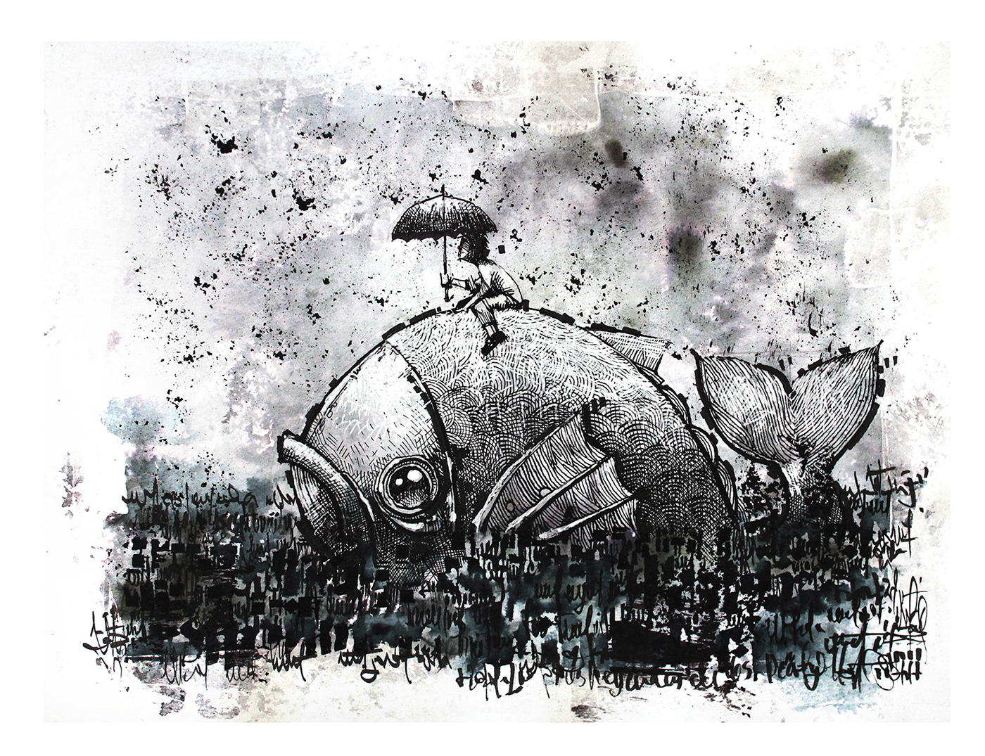 ink paper fish sea rain fantasy Drawing 