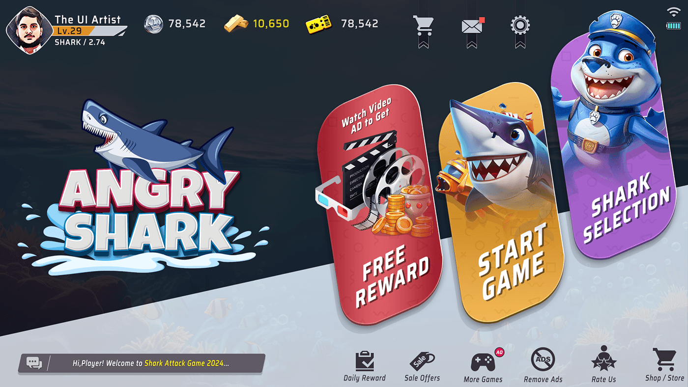 shark ui UI user interface UI/UX game ui GUI ui design ANGRY SHARK GAME UI SHARK ATTACK GAME UI shark game ui