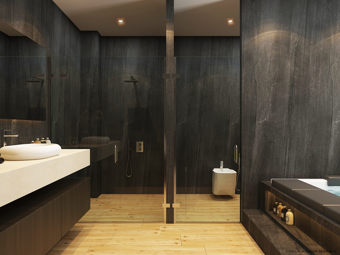 Master bathroom dark wood parquet Porcelanosa SHOWER jacuzzi wash wc