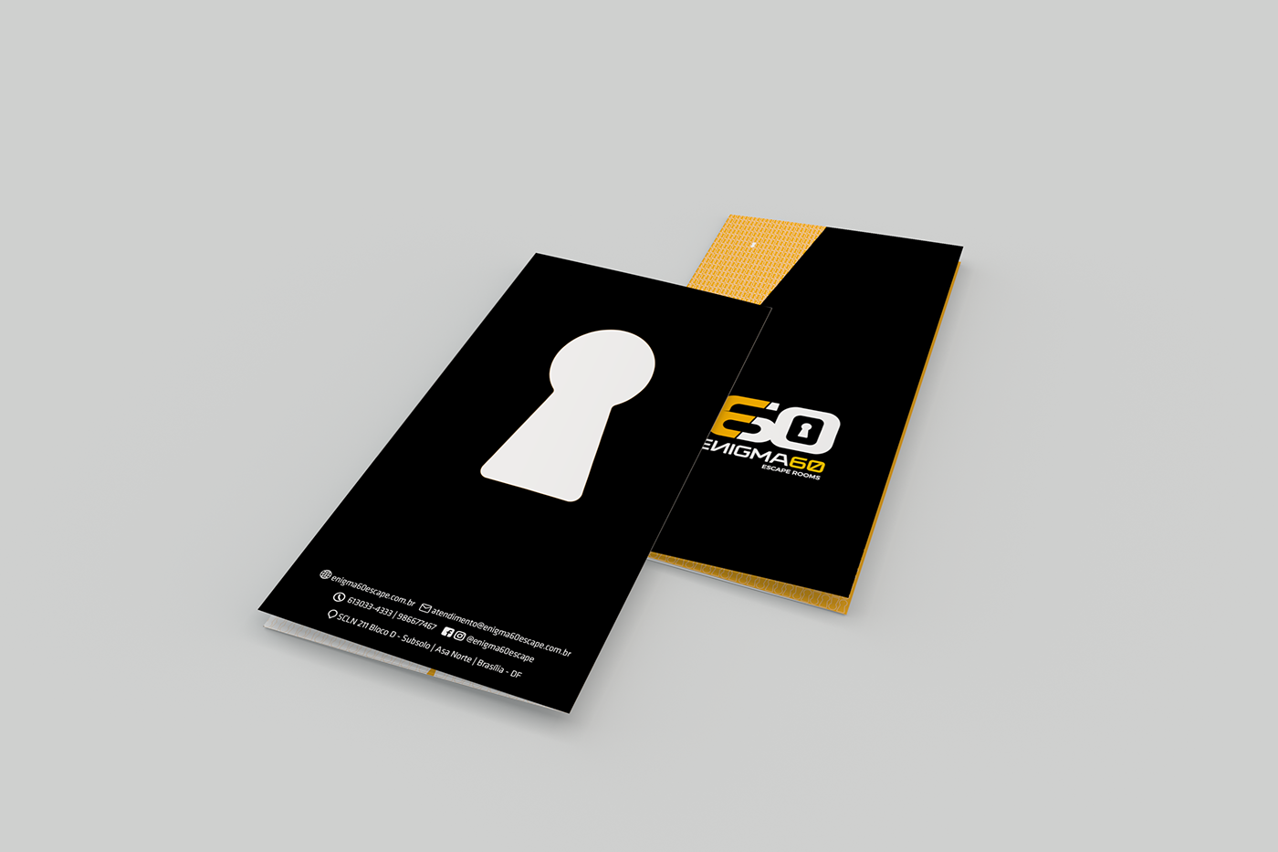 enigma60 escape room flyer Portifólio key yellow black
