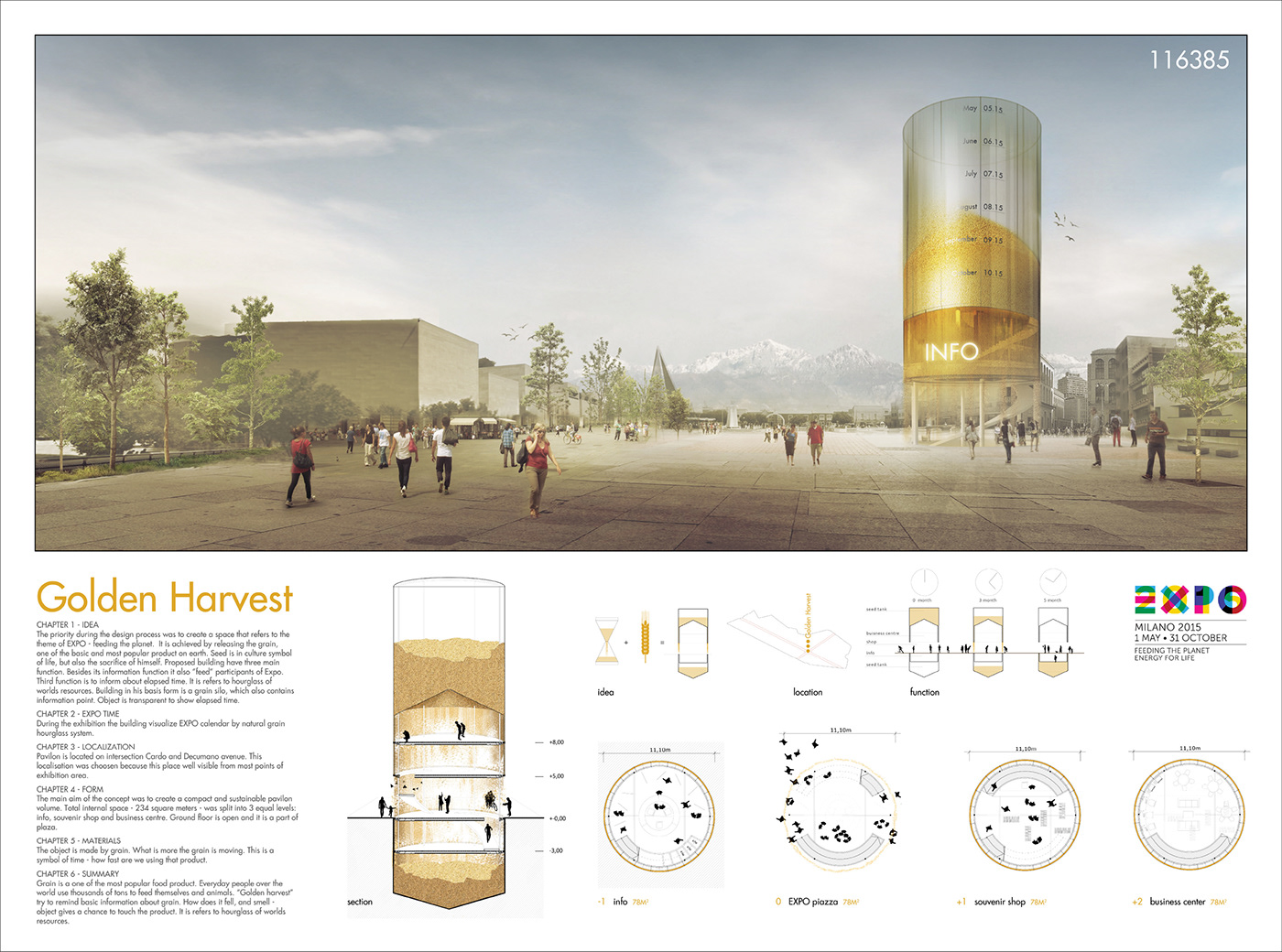 expo Competition pavilion gold harvest glass modern architecture visualization archviz