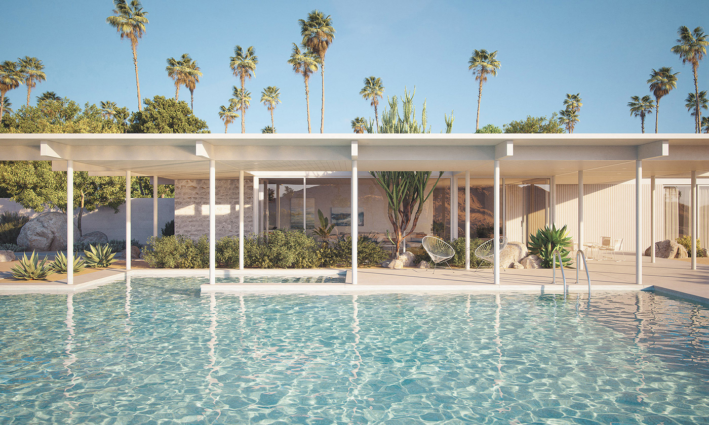 CGI architecture archviz visualization exterior swimming pool Render California mid-century modern palms