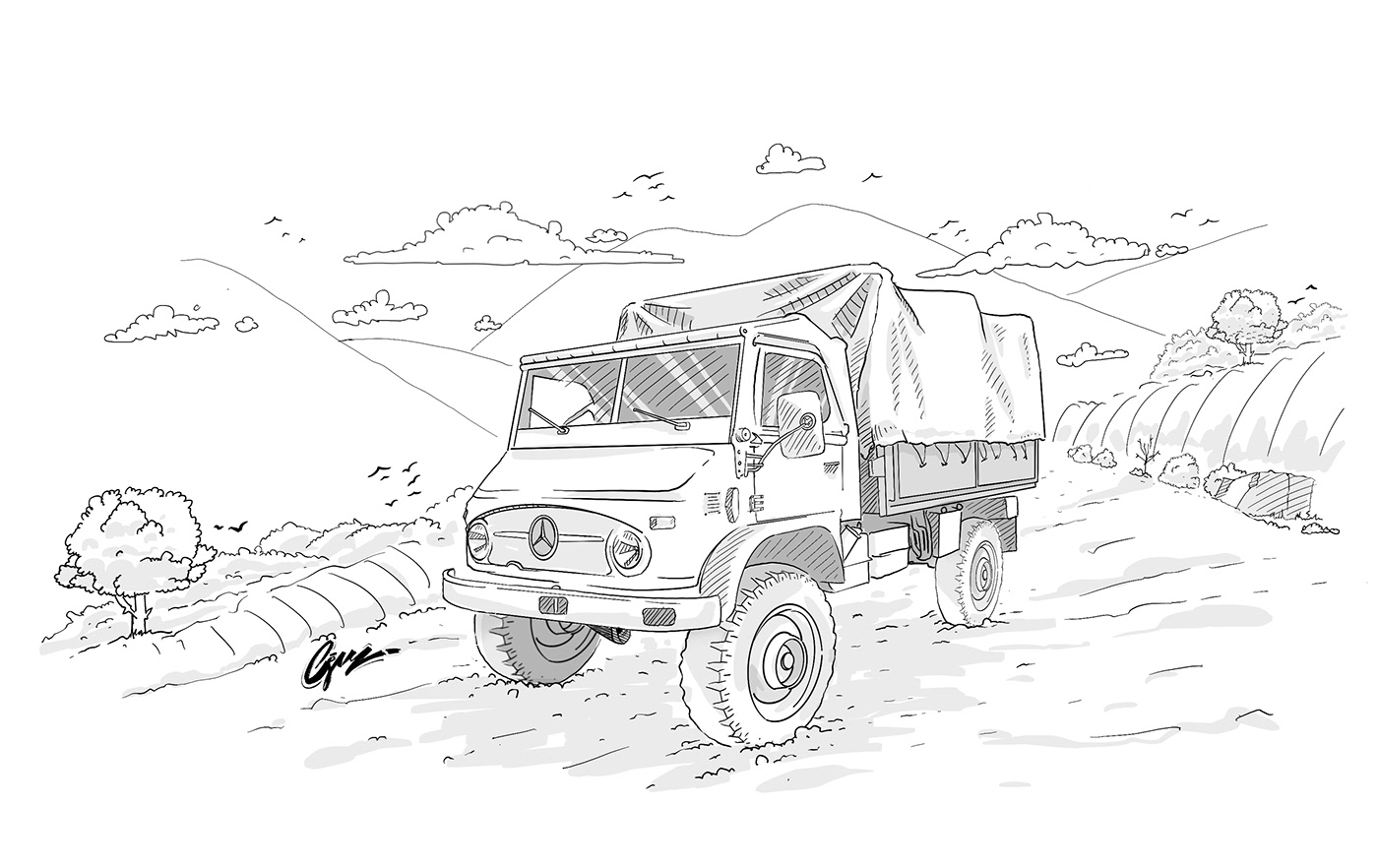 ILLUSTRATION  jeep mercedes Military sketch soldiers unimog