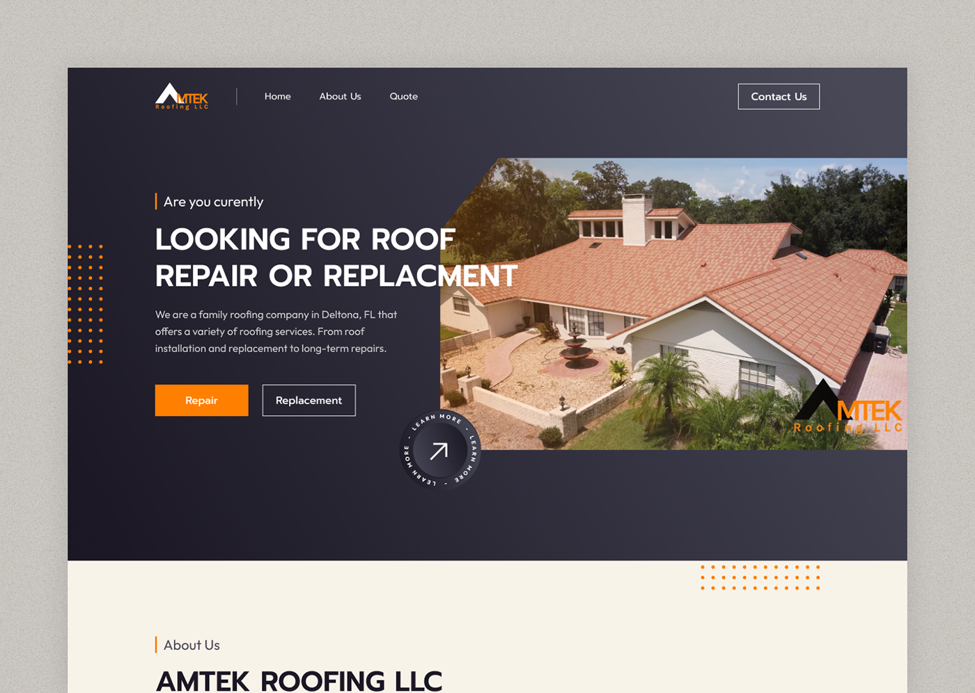 architecture construction dark mode elementor Home services Landing Page UI roof roof repair roofing Web Design 