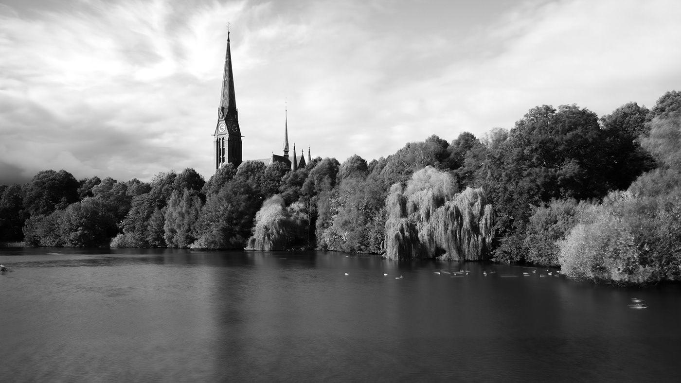 alster autumn bw church concrete Deutschland hamburg herbst trees water