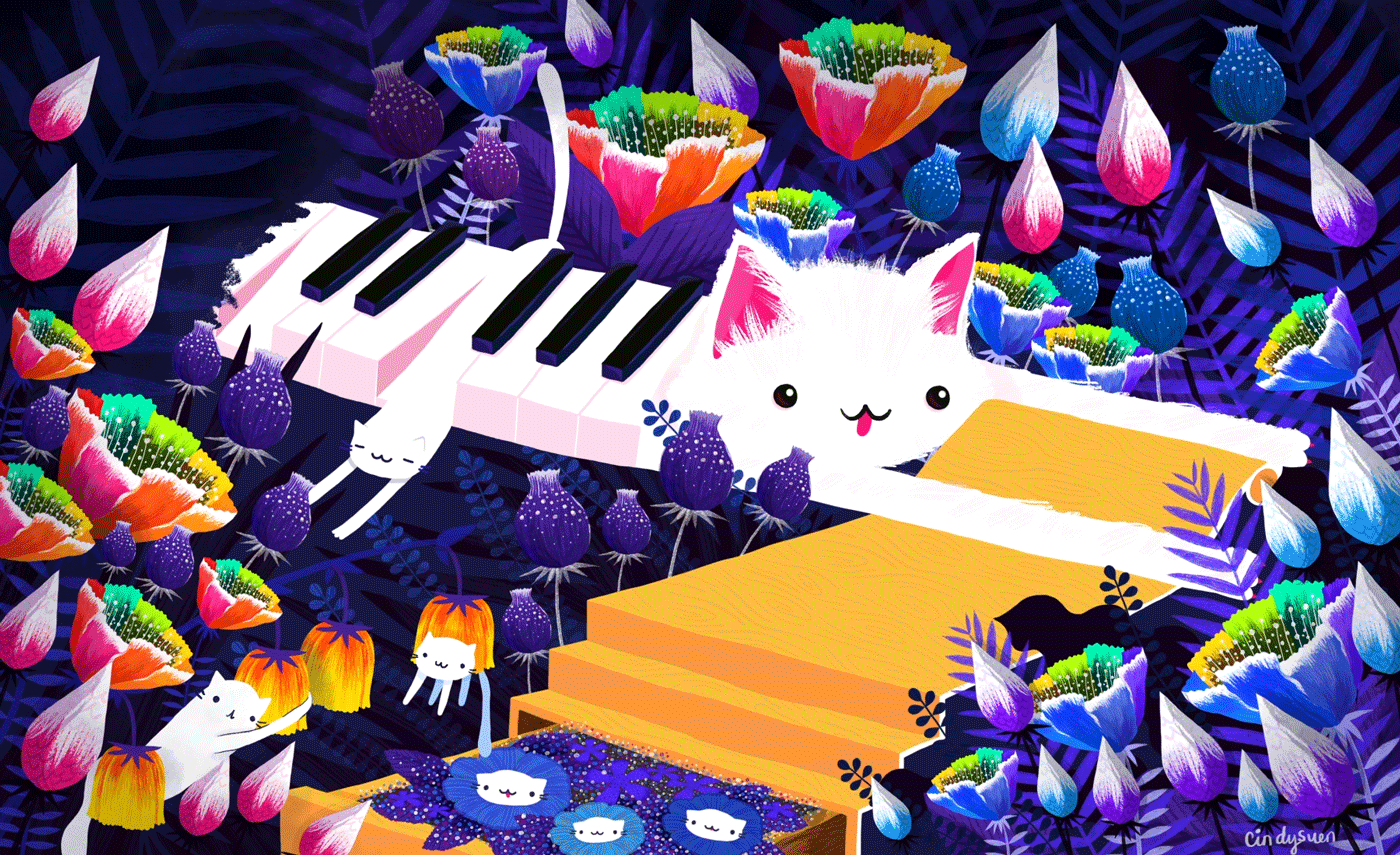 gif animated gif Cat animals flower floral forest blue pink Piano Nature