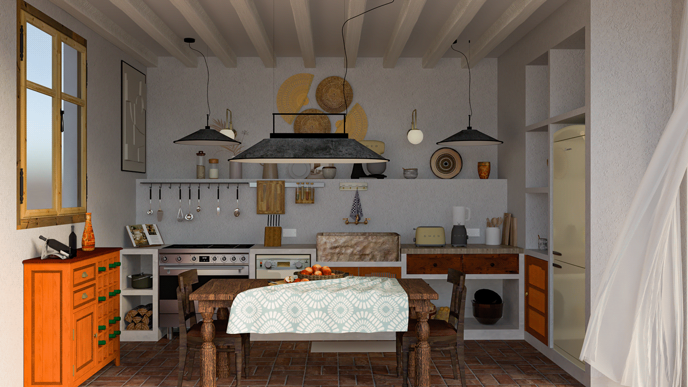 interior design  medditeranean Japandi kitchen 3D visualization archviz architecture vray