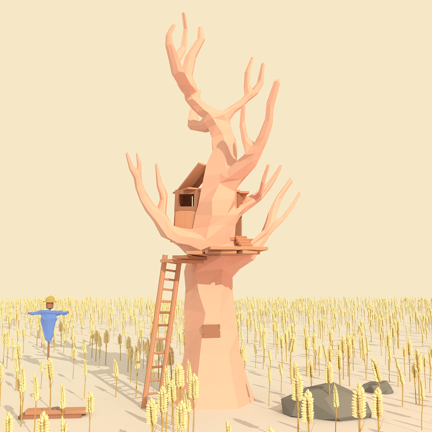 Low Poly LOW poly art polygon blender Tree  Landscape grainfield scarecrow Sunny clouds
