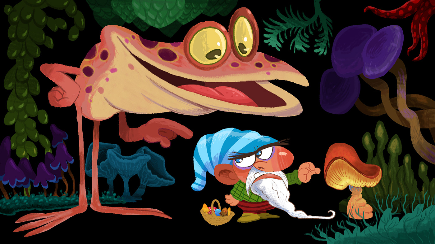 cartoon children's book frog gnome ILLUSTRATION  mushroom mycologist toad