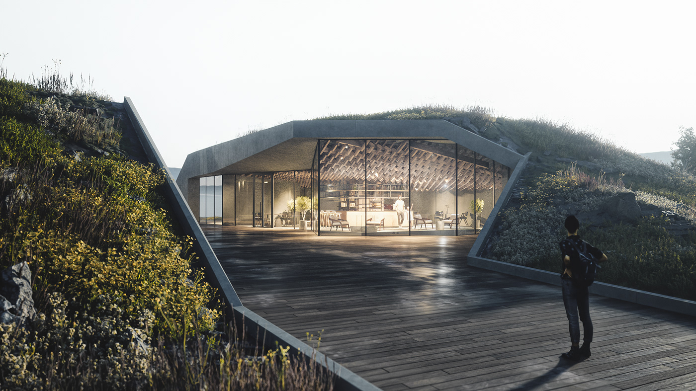 3D architect architecture archviz coffee shop Competition exterior Render visualization iceland