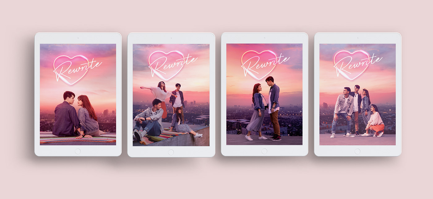 posters design title design Logo Design Rewrite posters sunset romantic viu originals Love Writing logo design Indonesian posters