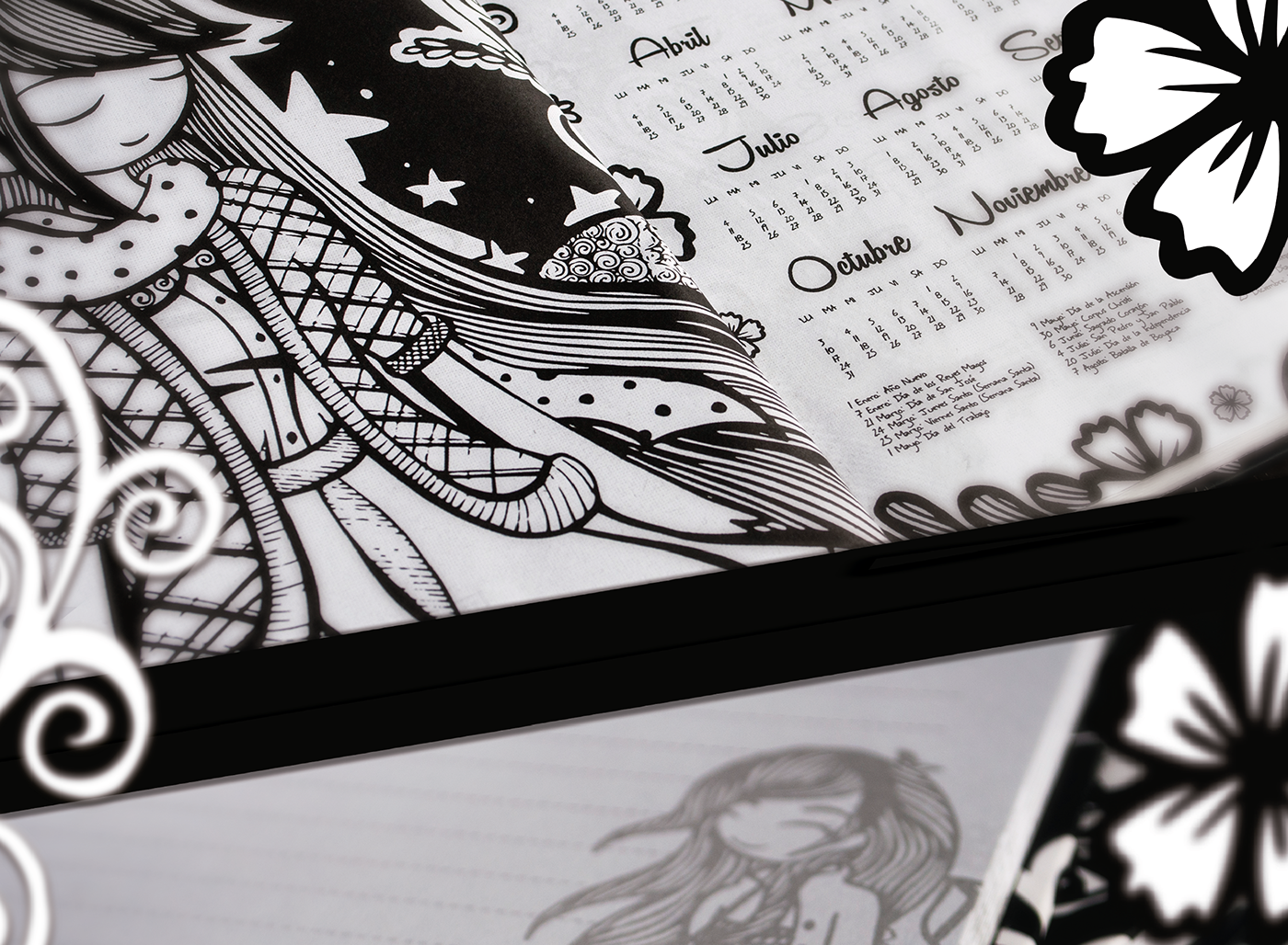 doodle agenda Cuaderno ilustracion dibujo editorial libreta blanco y negro Diseño editorial libros draw Fotografia diseño font tipografia