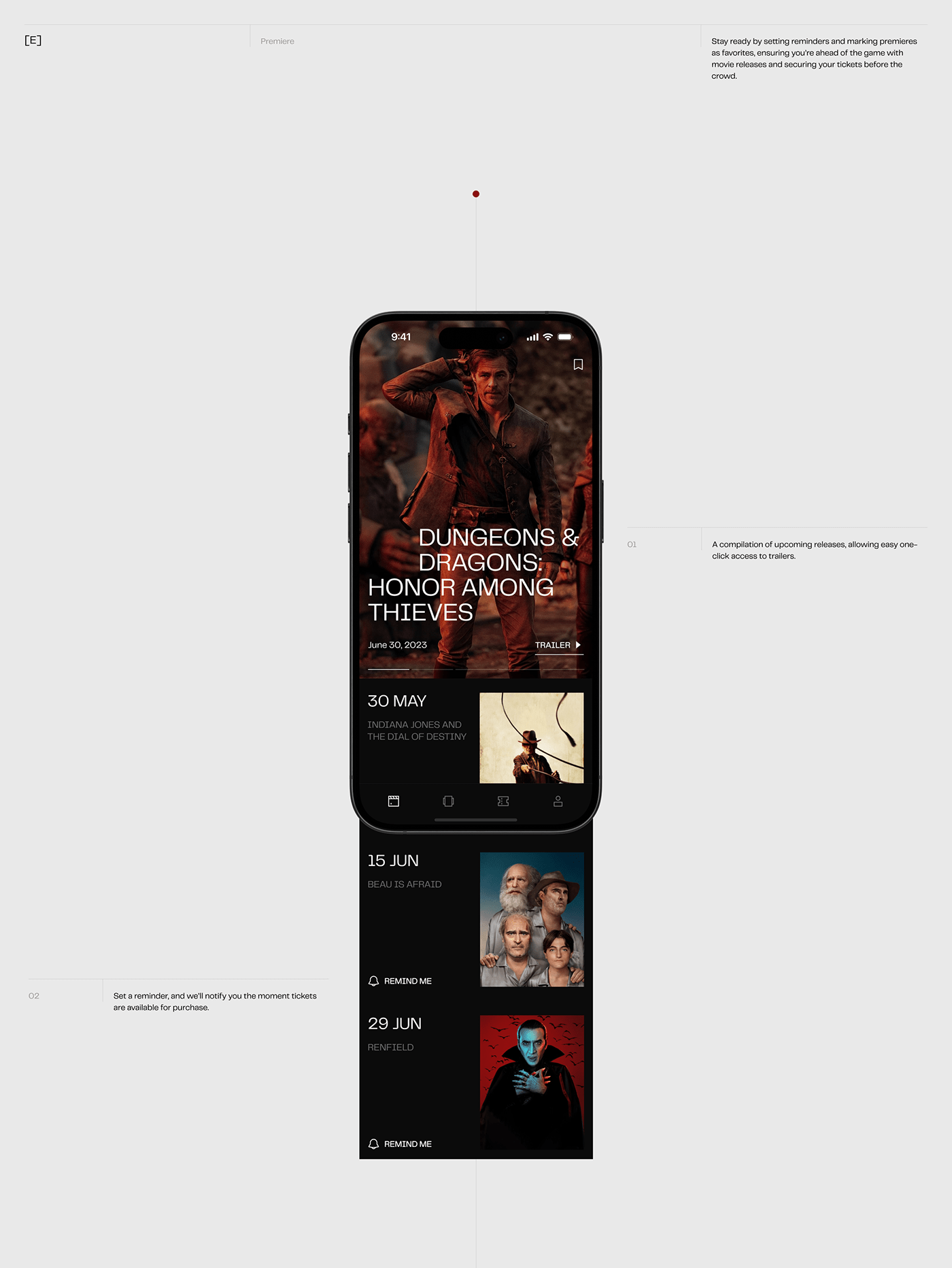 Mobile app UI ux Cinema movie Brutalism dark line minimal UI/UX