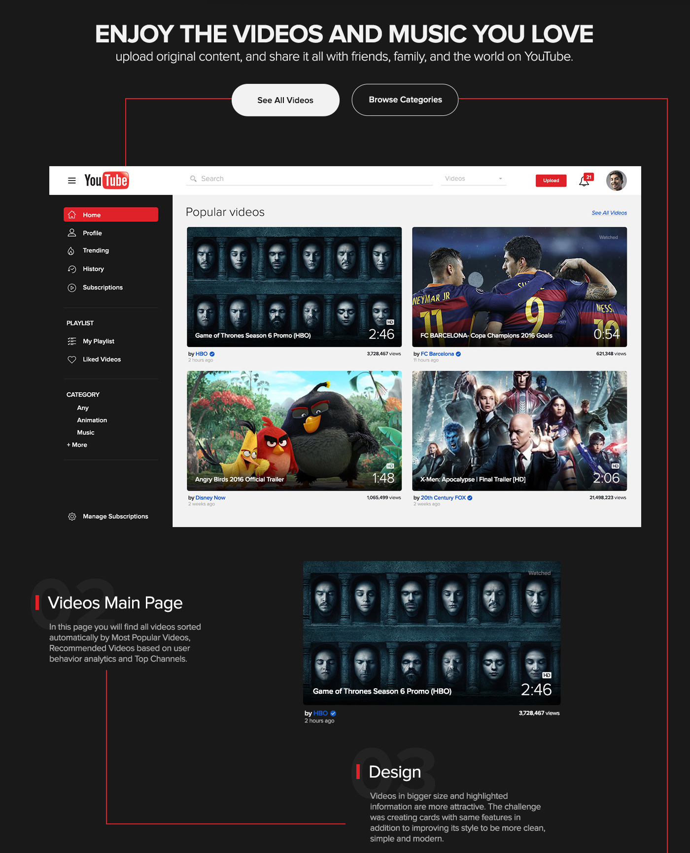 youtube you tube redesign UI ux video movie media Website concept player