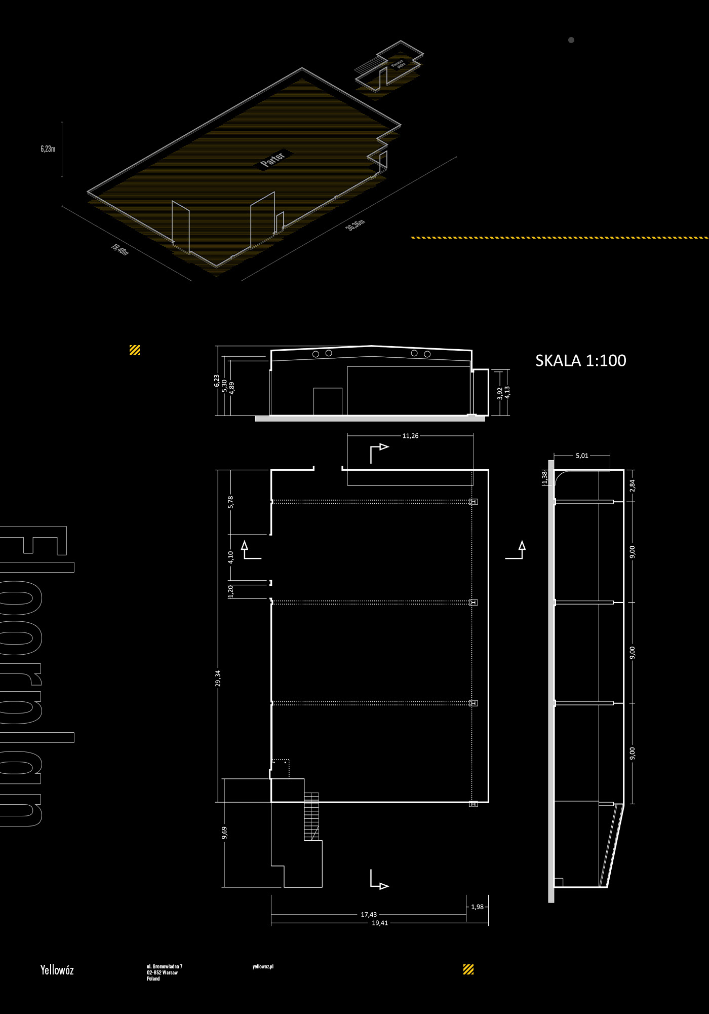 Floorplan and isometric view of a movie production space on a dark background