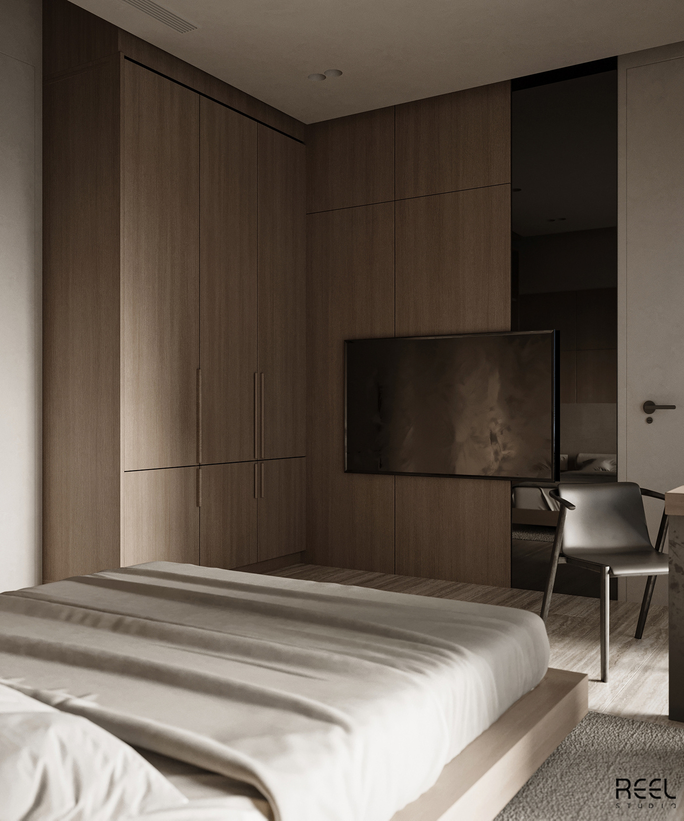 modern bedroom wood Blackmirror beige light panel tv dresser furniture