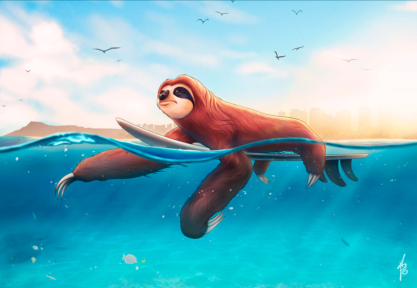 Surf surfboard surfing sport sloth water underwater waves Big Wave summer warm Ocean ILLUSTRATION  digital painting warm vibes