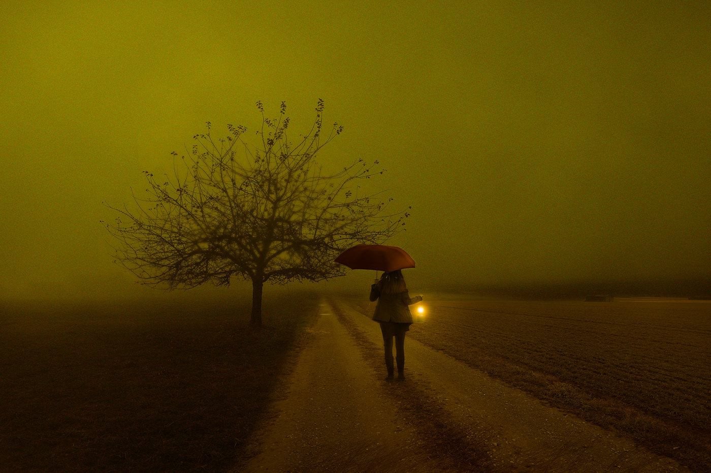 cinematic eerie movie mysterious night photography rain tiny house Umbrella