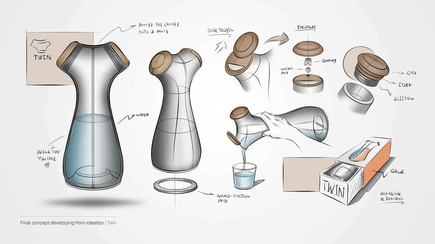 product Carafe brand package glass wood sketch rendering process Website