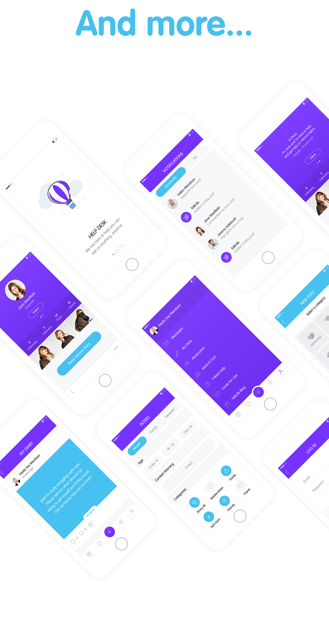 social network ios app gradient UI ux messages cards friends feed