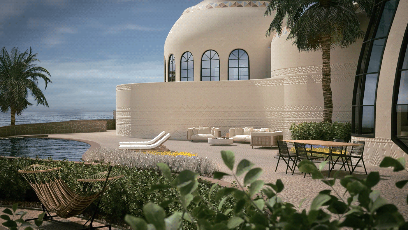 architecture nile river Villa fantasy Nubian 3d animation motif active render Beach house