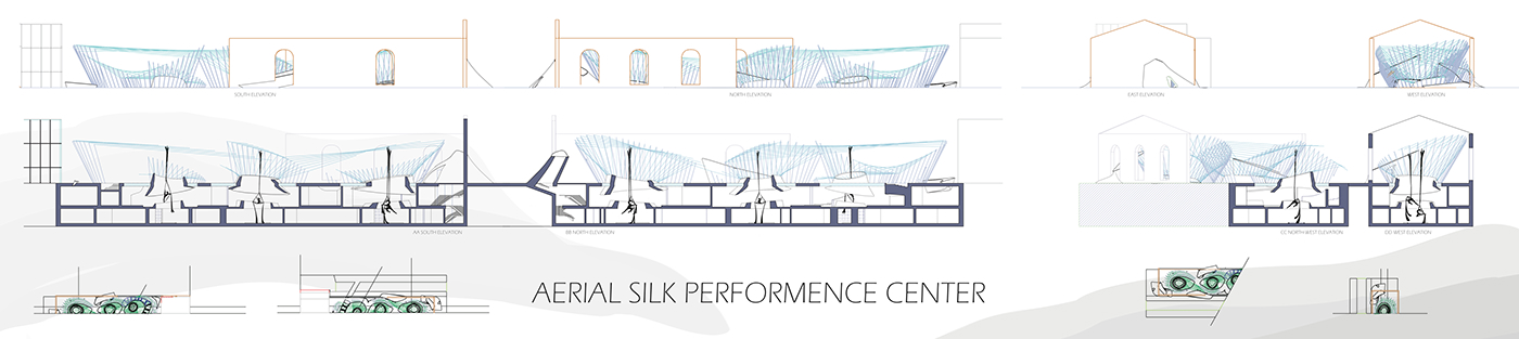 aerial silk dancing Performance Space cables and poles Fundamental Studio III linedrawing Illustrator