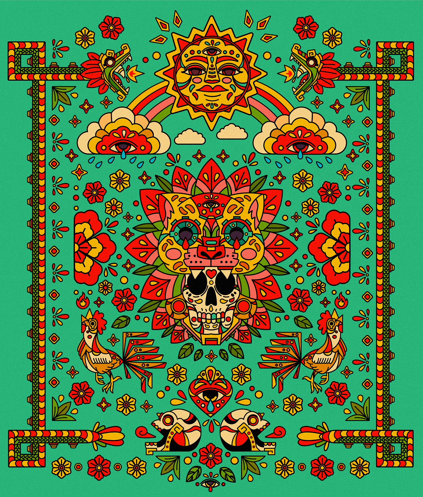 colors design ilsutracion mexico poster prehispanic print skull Sun vector