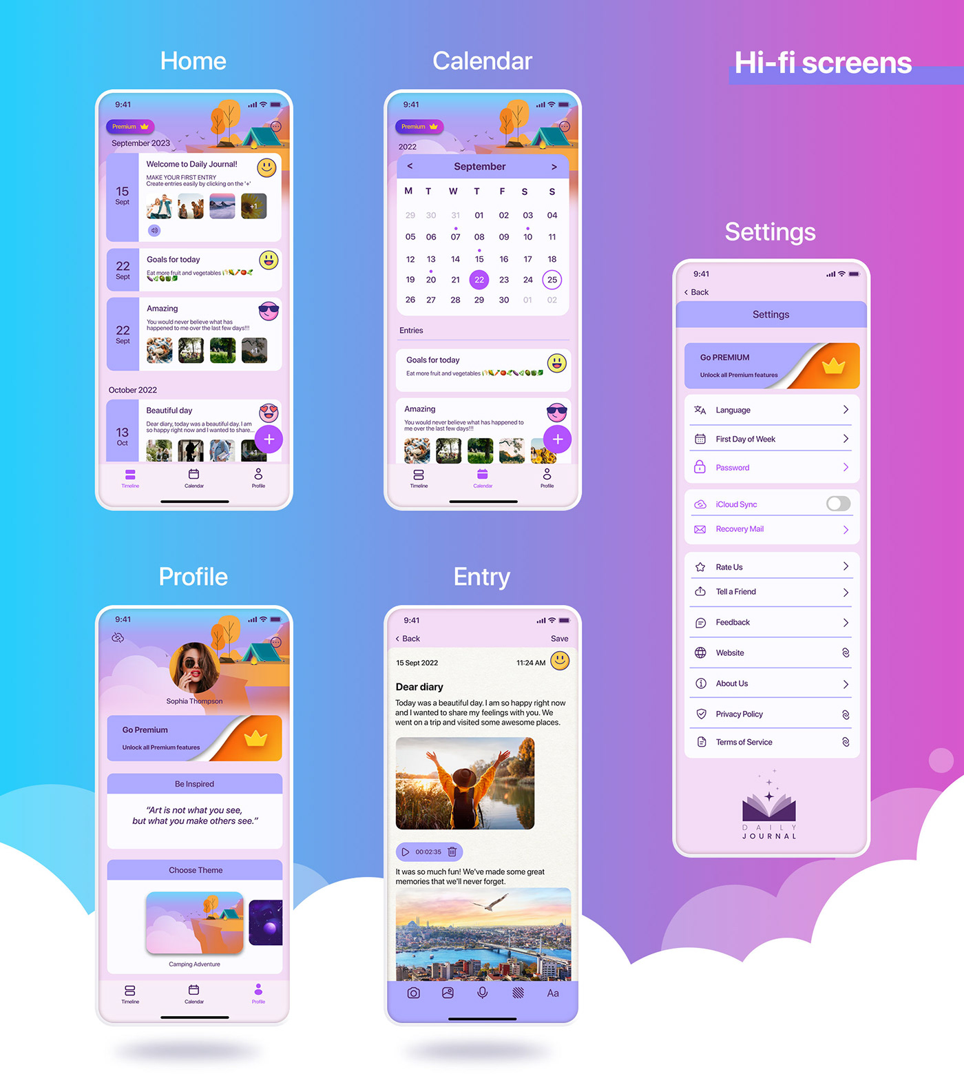 mobile app design app design iOS App Application Design cute calendar Diary journal prototype Daily Journal