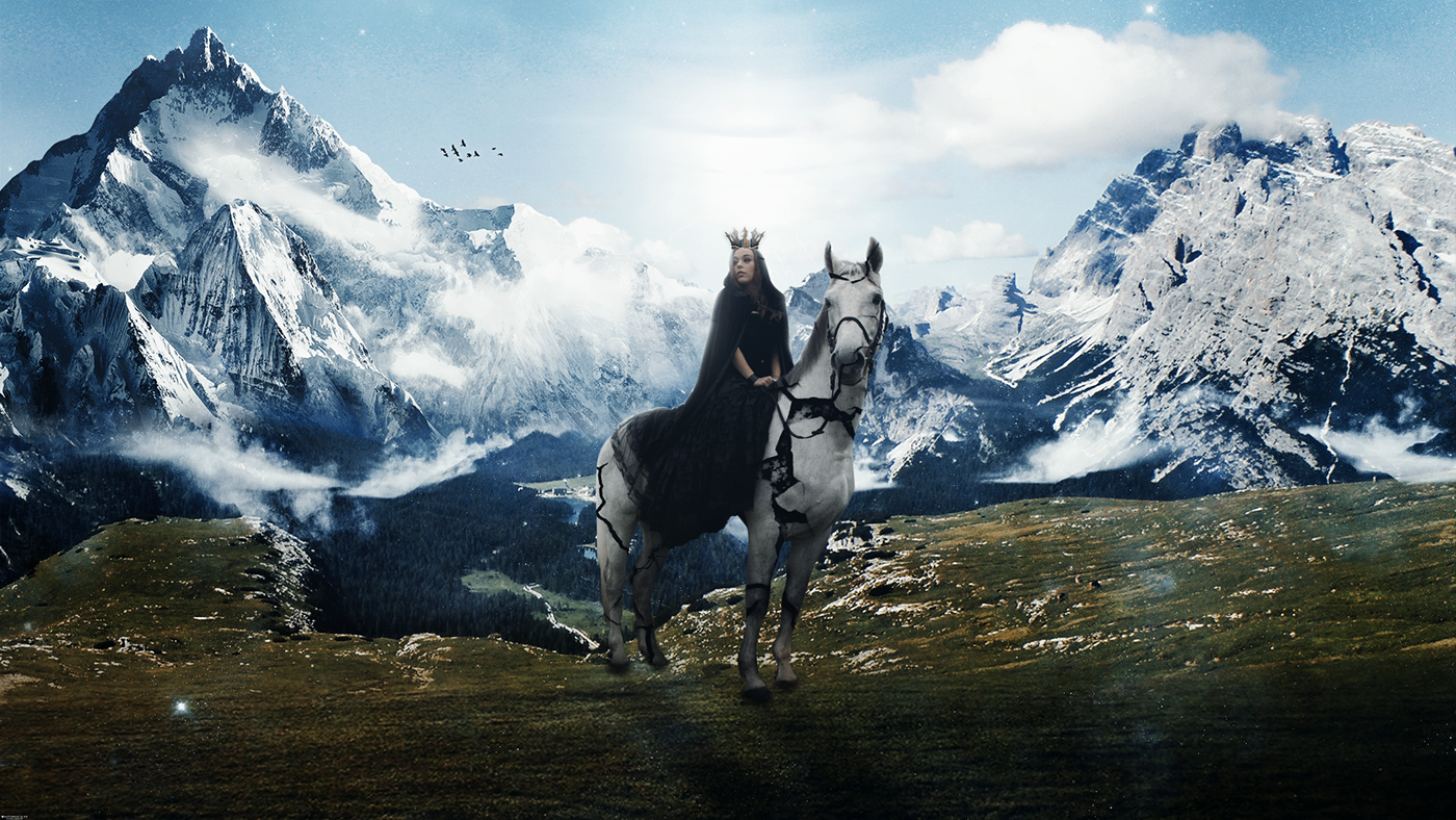 queen horse mountains girl light SKY