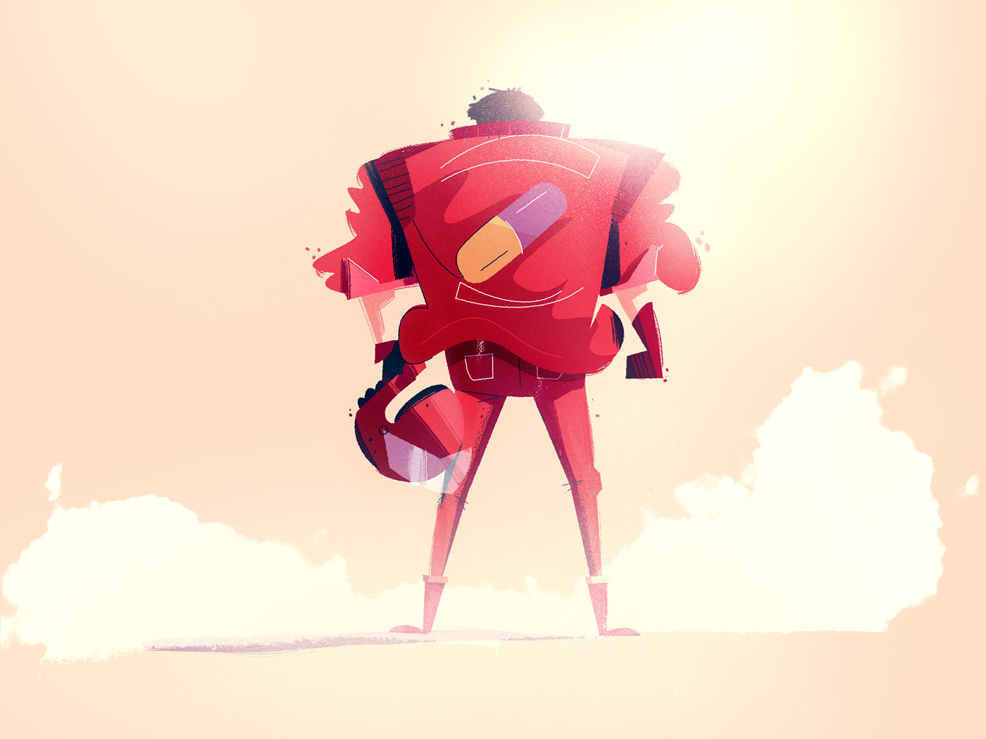 Kaneda from Akira standing with his back to the camera, smoke at his feet holding a  helmet